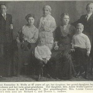 This four-generation photograph, taken 31 January 1914, was published in Annie Wells Cannon, "Mothers in Israel," <em>Relief Society Magazine,</em> February 1916, 64. Emmeline B. Wells appears here with her daughter Annie and Annie's twin sons, Abram H. and Woodward D. Cannon; and with her granddaughter (and Annie's daughter) Louise Cannon Andrew and Louise's twin sons, Richard C. and Denton L. Andrew.